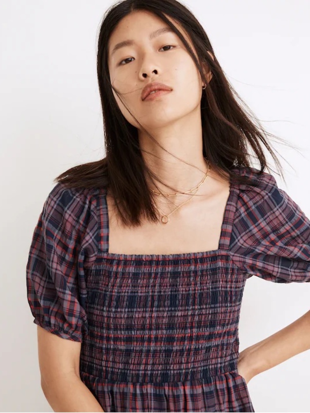 Madewell Lucie Puff-Sleeve Smocked Mini Dress in Rockfern Plaid Size M - Picture 3 of 8